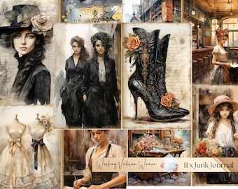 May include: A digital collage of images featuring Victorian women in various settings. The collage includes images of women in black dresses, a woman painting, a woman in a cafe, and a pair of black boots with roses. The text "Working Victorian Women" and "11 x Junk Journal" is visible in the collage.