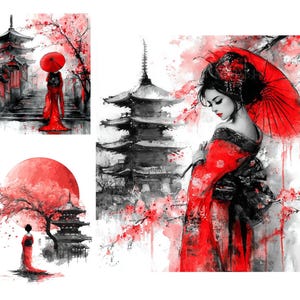 May include: Watercolor art print featuring a geisha in a red kimono holding a red umbrella, with a pagoda and cherry blossoms. The artwork has a red, black, and white color scheme, evoking a Japanese theme.