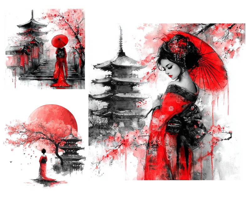 May include: Watercolor art print featuring a geisha in a red kimono holding a red umbrella, with a pagoda and cherry blossoms. The artwork has a red, black, and white color scheme, evoking a Japanese theme.