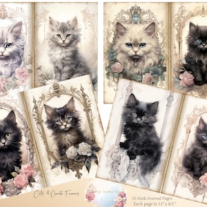 Aquarell Katzen Blumen Junk Journal Kit zum ausdrucken - Digitale Collage und Bastel Zubehör, Ephemera Karten, Journal Tags, Etiketten Verzierungen