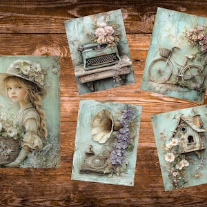 May include: A collection of five vintage-style art prints on a wooden surface. The prints feature illustrations of a girl with a flower basket, a typewriter, a bicycle, a gramophone, and a birdhouse, all with a soft, pastel color palette.