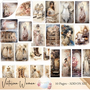 Kit adicional de páginas de diario basura de mujeres victorianas, efímeras victorianas, tarjetas ATC, sobres, etiquetas y tarjetas, kit de papel para álbum de recortes digital