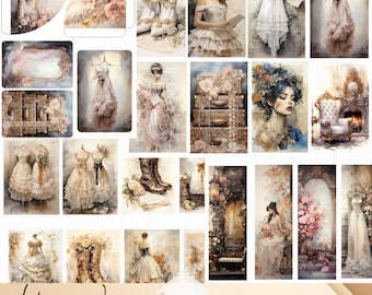 May include: A digital scrapbook kit featuring 10 pages of Victorian women in various poses and settings. The images are in a watercolor style and feature soft colors and delicate details. The kit includes images of women in dresses, flowers, and vintage furniture. The text "Victorian Women" and "10 Pages - ADD ON KIT" is visible in the image.