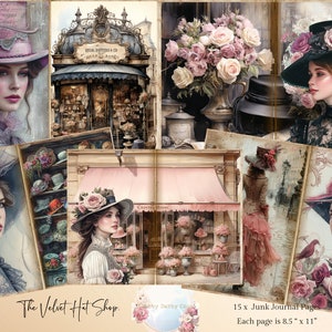 Páginas de diario basura de mujeres victorianas, diario basura de tiendas de sombreros victorianos, hoja de collage victoriano, material efímero victoriano, diario basura de sombreros, sombreros