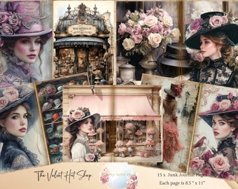 May include: A collage of 15 junk journal pages featuring vintage illustrations of women wearing hats, floral arrangements, and storefronts with the text "The Velvet Hat Shop" and "Crafty Moo Moo". Each page is 8.5 inches by 11 inches.