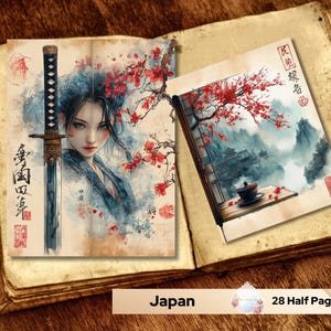 May include: A watercolour painting of a woman with long black hair holding a katana sword. The background features a cherry blossom tree and Japanese characters. The painting is on a page of a book with the word "Japan" printed below it.