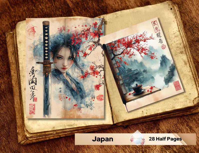 May include: A watercolour painting of a woman with long black hair holding a katana sword. The background features a cherry blossom tree and Japanese characters. The painting is on a page of a book with the word "Japan" printed below it.