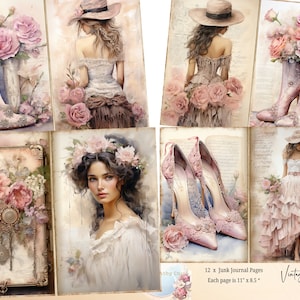 Pagine di diario di donne vittoriane, diario di scarto shabby chic, foglio di collage vittoriano, effimeri vittoriani, carta per scrapbooking digitale