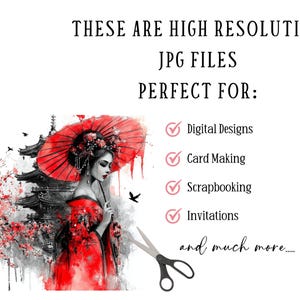 May include: Digital art print featuring a geisha in a red kimono and parasol, with a Japanese pagoda in the background. The image includes the text "THESE ARE HIGH RESOLUTION JPG FILES PERFECT FOR: Digital Designs, Card Making, Scrapbooking, Invitations and much more...."