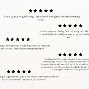 May include: A textured, off-white background with five-star ratings and customer testimonials. The text includes phrases like "Stunning," "gorgeous," and "beautiful pages," praising the quality and service.