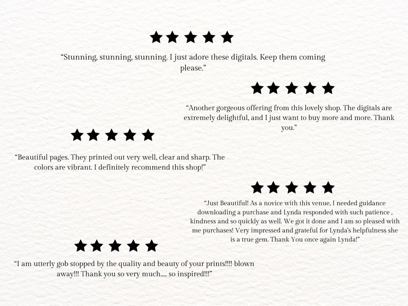 May include: A textured, off-white background with five-star ratings and customer testimonials. The text includes phrases like "Stunning," "gorgeous," and "beautiful pages," praising the quality and service.
