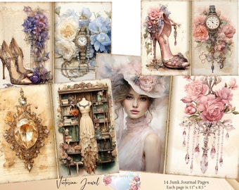 May include: A set of 14 digital junk journal pages featuring Victorian-inspired designs. The pages include images of flowers, shoes, clocks, and a woman in a hat. Each page is 11 inches by 8.5 inches.