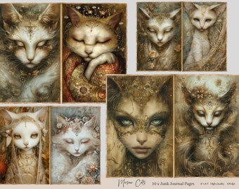 Whimsical Cats Colourful Background Images, Printable JPEG files, Scrapbook pages, Junk Journal pages, Card Making, Whimsical Cats Cute Cats