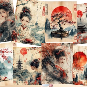 May include: A collage of eight images featuring Japanese-inspired artwork. The images depict women in traditional clothing, cherry blossoms, red suns, and pagodas. The artwork is painted in a watercolour style with a vintage aesthetic.