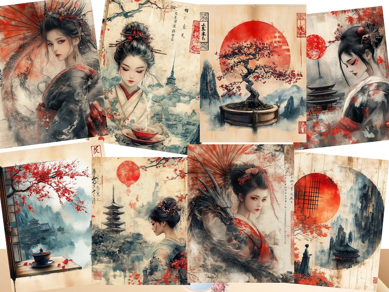 May include: A collage of eight images featuring Japanese-inspired artwork. The images depict women in traditional clothing, cherry blossoms, red suns, and pagodas. The artwork is painted in a watercolour style with a vintage aesthetic.