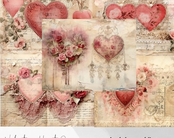 Valentine's Day Papers Collage Printable Junk Journal, Valentine Junk Journal Kit, Digital Papers Collage sheet, Valentine Digital papers