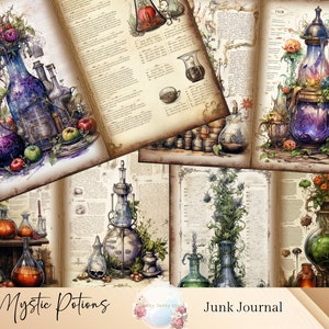Mystic Potion Junk Journal Pages, Scrapbook Pages, Vintage Ephemera, Witchy Collage Sheets, Mystic Potions Junk Journal, Alchemy Printable