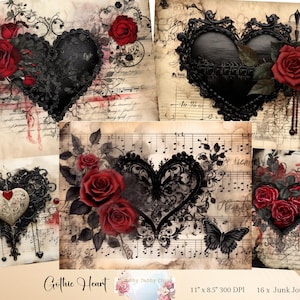 Black Heart Papers Collage Printable Junk Journal, Valentine Junk Journal Kit, Digital Papers Collage sheet, Valentine Digital papers