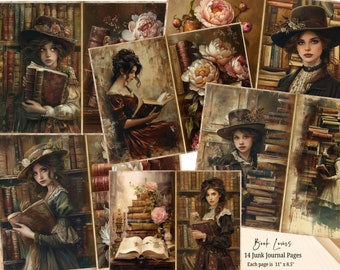 Può includere: Un collage di 14 pagine di diario stampabili digitali con illustrazioni vintage di donne che leggono libri, pile di libri e composizioni floreali. Il testo "Book Lovers 14 Junk Journal Pages Each page is 11" x 8.5" " è incluso nell'immagine.