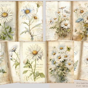 Vintage Daisy Junk Journal, kit de papier de scrapbooking numérique, impression florale, feuille de collage de fleurs anciennes, journal indésirable marguerites, marguerites éphémères