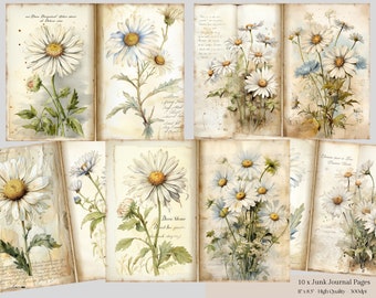 Diario de recortes vintage con margaritas, kit de papel digital para álbum de recortes, imprimible floral, hoja de collage de flores antiguas, diario de recortes con margaritas, efímero de margaritas