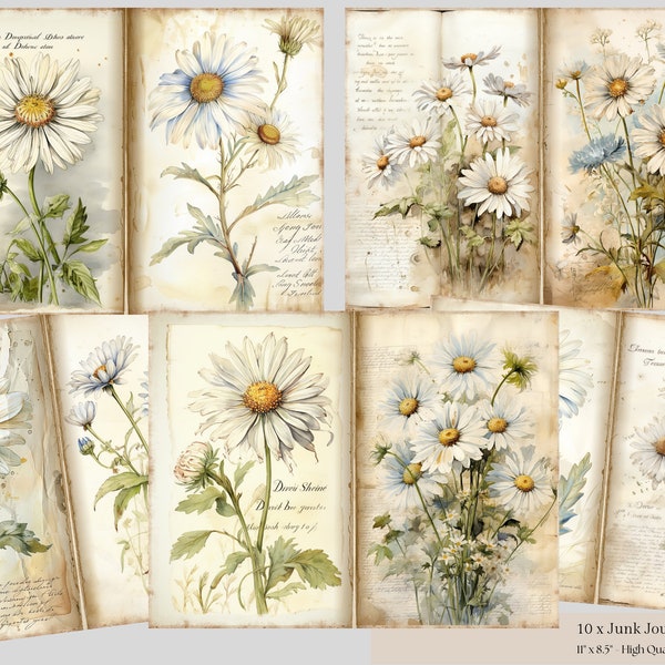 Vintage Daisy Junk Journal, Digital Scrapbook Paper Kit, Floral Printable, Antique Flower Collage Sheet,Daisies Junk Journal, Daisy Ephemera