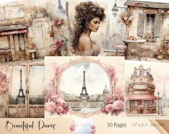 May include: A digital paper pack with 30 pages featuring watercolor illustrations of Parisian scenes. The pack includes images of the Eiffel Tower, cafes, and flowers. The pages are 11 inches by 8.5 inches and 300 DPI.