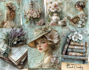French Country Cottage Junk Journal Papers Vintage Printable Floral Spring Farm Printable Digital Download Cottage core Ephemera Shabby Chic