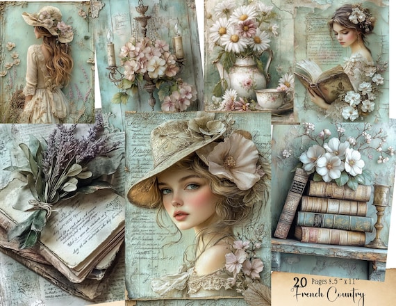 French Country Cottage Junk Journal Papers Vintage Printable Floral Spring Farm Printable Digital Download Cottage core Ephemera Shabby Chic