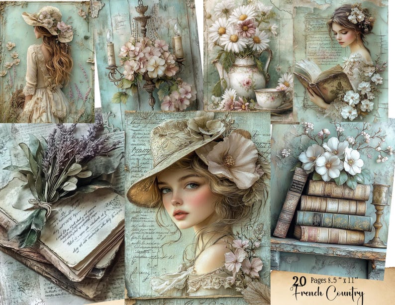 May include: A collage of vintage-style images with a French country theme. The images feature women, flowers, books, and antique decor in soft pastel colors. The text "20 Pages 8.5" x 11" French Country" is visible.