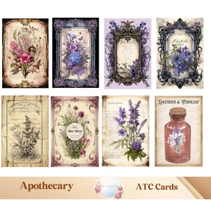 8 x cartões imprimíveis de boticário, coisas efêmeras de diário de lixo, etiquetas de boticário, papéis digitais de boticário, scrapbooking, cartões atc de boticário digitais
