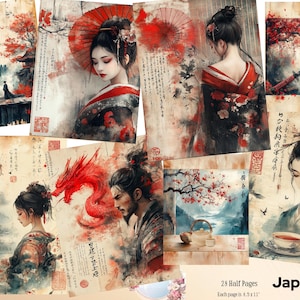 Japanese Junk Journal, Asian background paper, Geisha Women, Japanese Digital papers Japanese Ephemera Japan Junk Journal Japanese ATC Cards