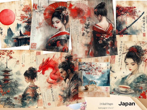 Japanese Junk Journal, Asian background paper, Geisha Women, Japanese Digital papers Japanese Ephemera Japan Junk Journal Japanese ATC Cards