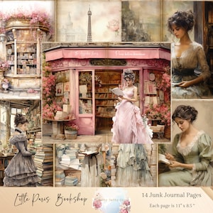 Paris Junk Journal Kit, Paris Book Shop Junk Journal pages, Crafting Papers, Paris Ephemera, Scrapbooking, Ephemera Pack, Book Junk Journal