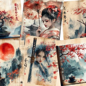 May include: A collage of six images with a Japanese theme. The images feature cherry blossoms, a red sun, a samurai, a woman in a kimono, a pagoda, and a sword. The images are painted in a watercolour style and have a vintage feel.