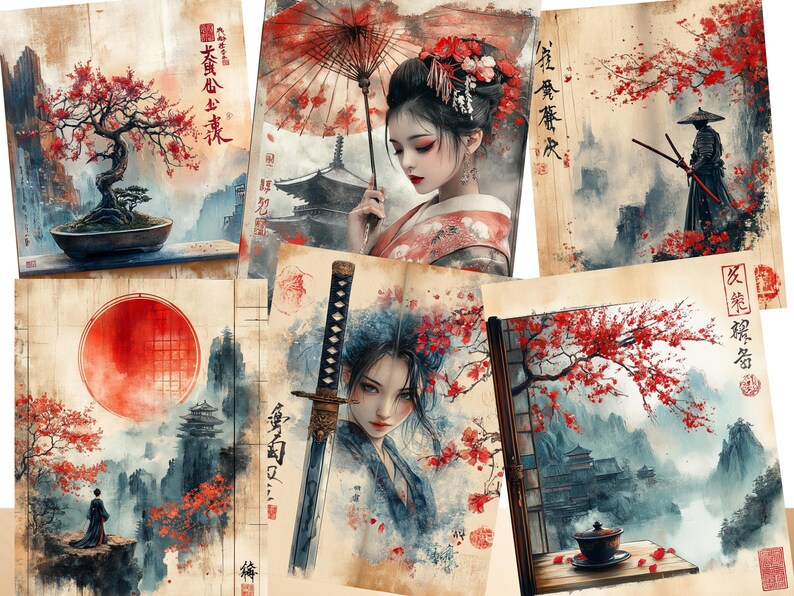 May include: A collage of six images with a Japanese theme. The images feature cherry blossoms, a red sun, a samurai, a woman in a kimono, a pagoda, and a sword. The images are painted in a watercolour style and have a vintage feel.