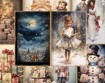May include: A collection of ten junk journal pages with a Christmas theme. The pages feature watercolor illustrations of a Christmas tree, wrapped gifts, a snowy village, a girl reading, and a snowman. The text "Christmas Papers Two" is at the bottom.