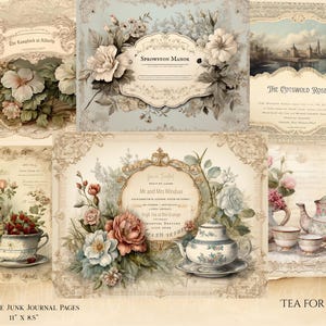 Può includere: Una collezione di pagine di diario spazzatura in stile vintage con disegni floreali e ornamentali. Le pagine presentano testo, illustrazioni di tazze da tè, teiere e fiori. Il testo include "The Cotswold Rose", "Tea for Two" e "16 pagine di diario spazzatura 27,94 cm x 21,59 cm".
