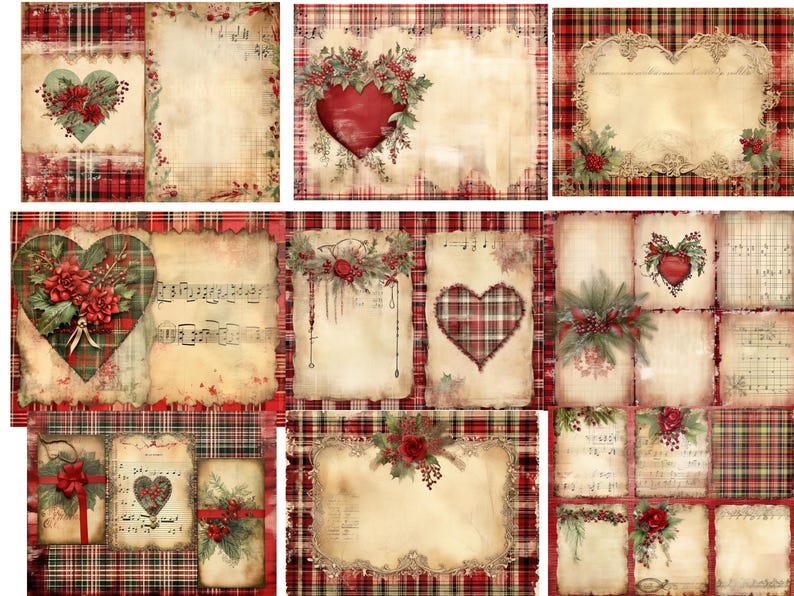Vintage Christmas Holiday Plaid Faded Collage Sheet Rustic Floral ...