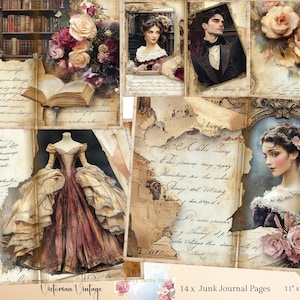 Diario basura victoriano vintage, técnica mixta, papeles digitales victorianos, efímeras victorianas, fabricación de tarjetas Diario basura victoriano Lady, efímeras