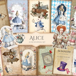 Paquet de papier numérique Journal indésirable d'Alice au pays des merveilles Ensemble de papier imprimable Journal indésirable Pages de scrapbooking Artisanat en papier Fabrication de cartes éphémères