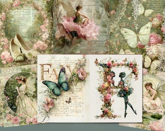 May include: A digital collage sheet featuring vintage-style illustrations of fairies, butterflies, and floral arrangements. The design includes script handwriting, a large letter F, a large letter R, and soft pink and green color palettes.