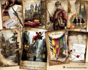 Wizarding School Junk Journal Paper, Wizard Printable Ephemera, Vintage Magic Scrapbooking Collage Sheet, Background Digital Download