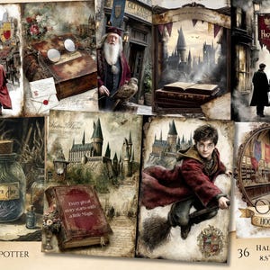 Puede incluir: Un collage de ilustraciones del universo de Harry Potter, con Hogwarts y personajes. Incluye una botella de poción etiquetada "Unicorn Hair" y el texto "Every great story starts with a little Magic". El collage se titula "Harry Potter" y contiene 36 medias páginas de 21,6 cm x 14 cm.
