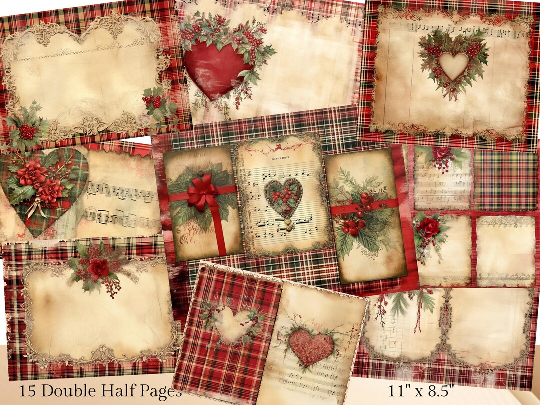 Vintage Christmas Holiday Plaid Faded Collage Sheet Rustic Floral ...