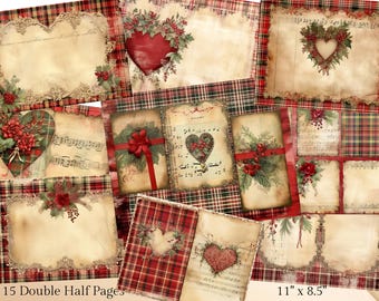 May include: A set of 15 double-sided scrapbook paper pages featuring a red and green tartan pattern with vintage-style images of hearts, holly, and musical notes. The pages are 28 cm by 21.5 cm.