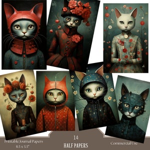 Pages fantaisistes de carnet de bordel pour chats, collage de chats, demi-papiers de carnet de bordel pour chats, fournitures de scrapbooking, éphémères chats, papiers numériques chats,