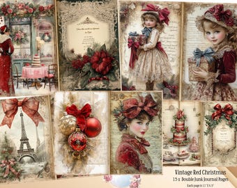 Könnte beinhalten: Eine Collage aus 15 Scrapbook-Papierseiten im Vintage-Stil zum Thema Weihnachten. Die Seiten zeigen Bilder von Mädchen, Ornamenten, einem Kuchen, dem Pariser Eiffelturm und einer roten Schleife. Jede Seite ist 28 cm x 47 cm groß.