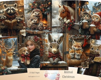 May include: A collage of whimsical illustrations featuring animals in winter settings. Includes raccoons reading, hedgehogs by a fireplace, a horse, cats with mugs, a deer, a girl with a puppy, a donkey, foxes, and a mouse. The text "Animal Christmas" is visible.