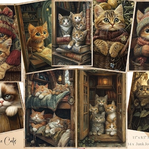 Página para impressão de diário de lixo de gato em aquarela, kit de diário de lixo de gatos peculiares, folha de colagem digital de papel de diário de lixo, itens efêmeros de gatos, gatos engraçados